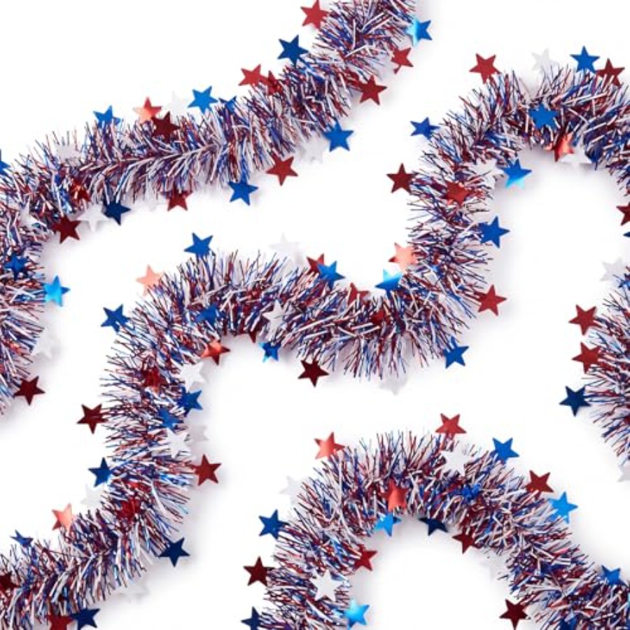 Tinsel Garland Decoration - 50FT Patriotic Garland, Red White Blue