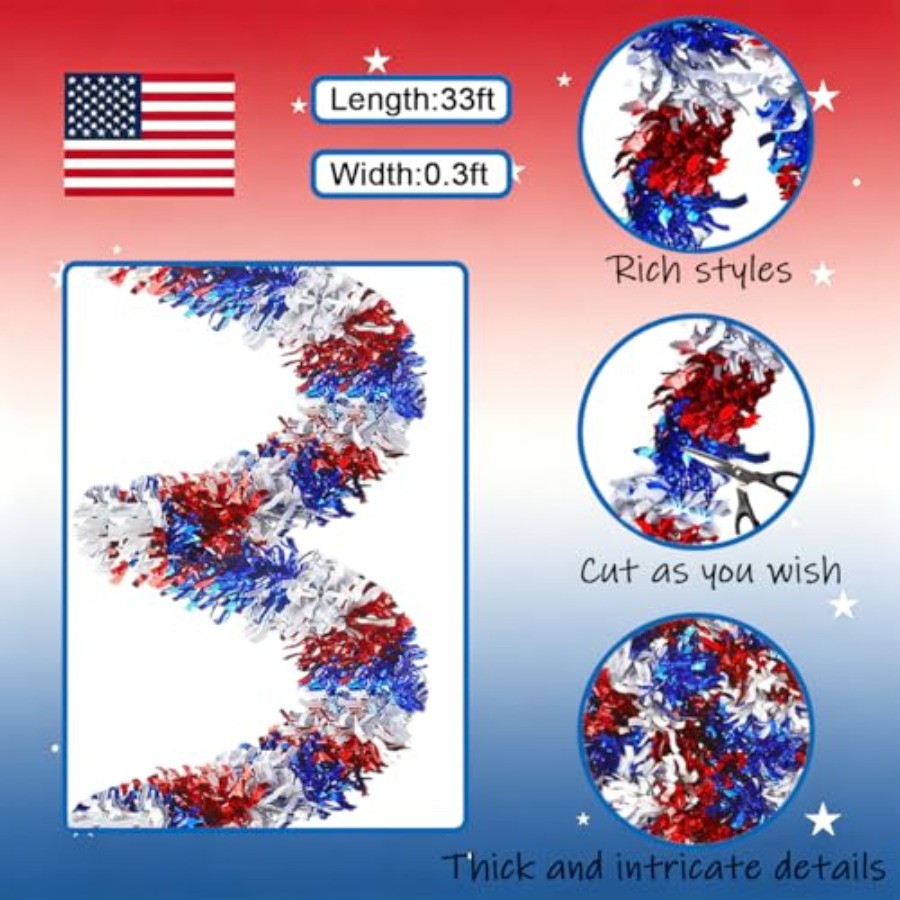 33Ft Patriotic Tinsel Garland  - Tinsel Garland Decoration review and price