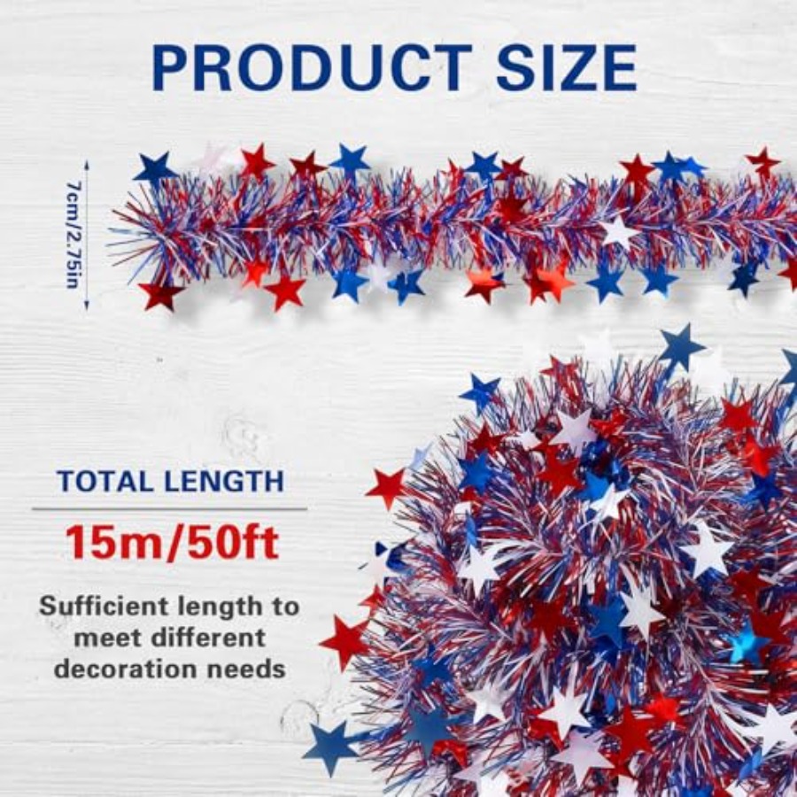 50 Ft Patriotic Glitter Tinsel - Tinsel Garland Decoration review and price