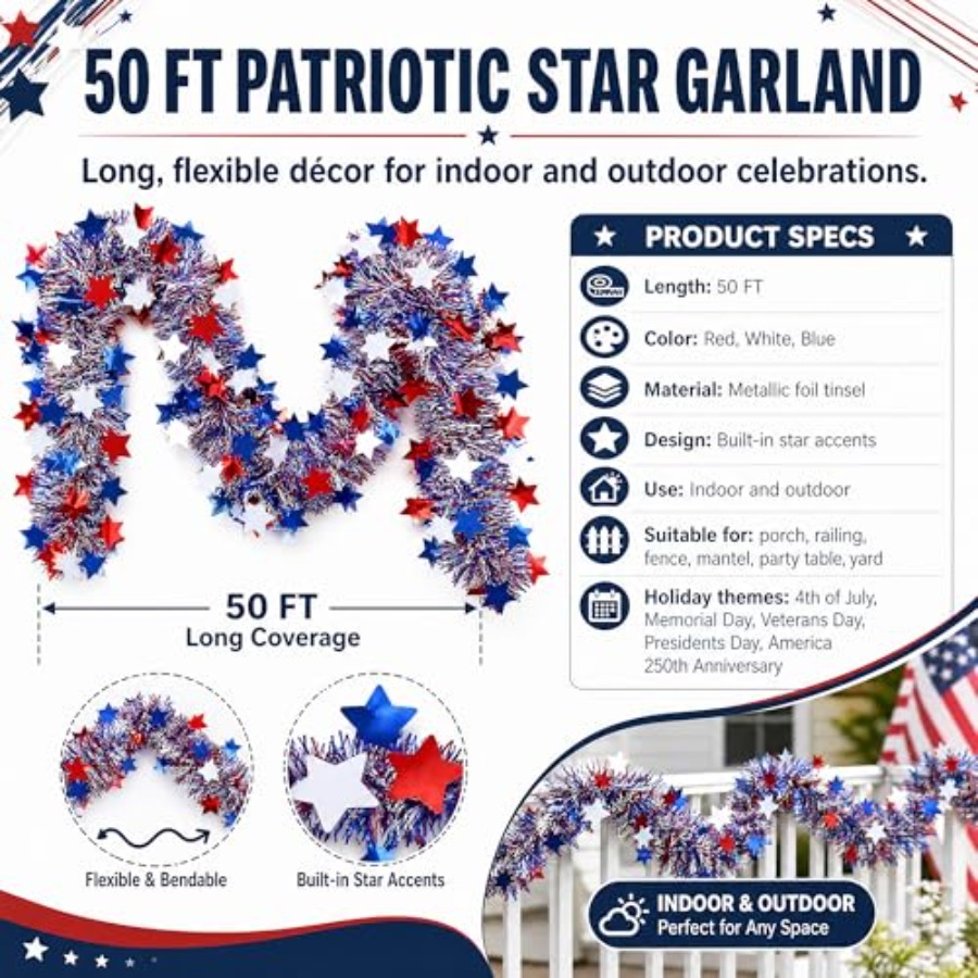50 FT 4th of July Star Tinsel  - Tinsel Garland Decoration review and price