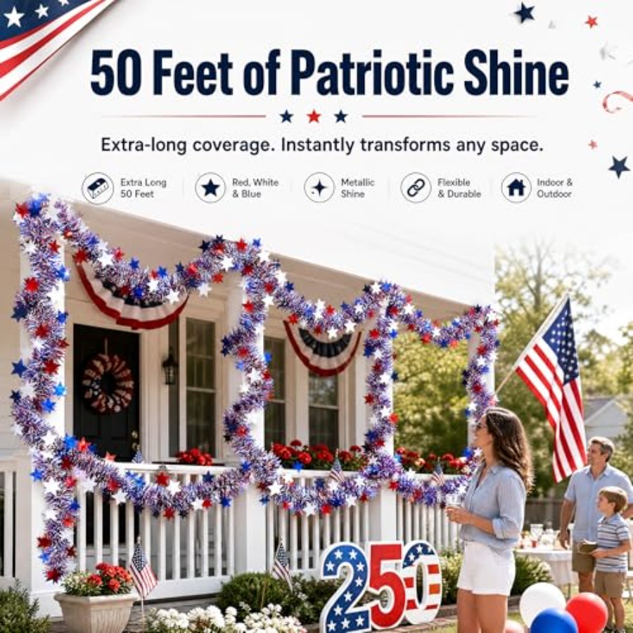 50 FT 4th of July Star Tinsel  - Tinsel Garland Decoration review and price